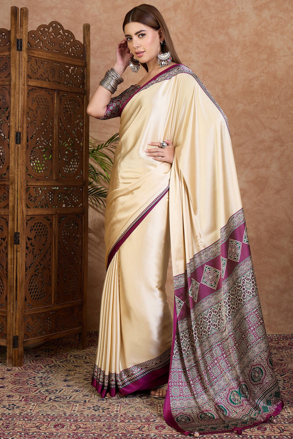 Cream and Purple Pure Soft Modal Satin Ajrakh Print Satin Saree Japan Satin Saree Anant Tex Exports Pvt.Ltd..