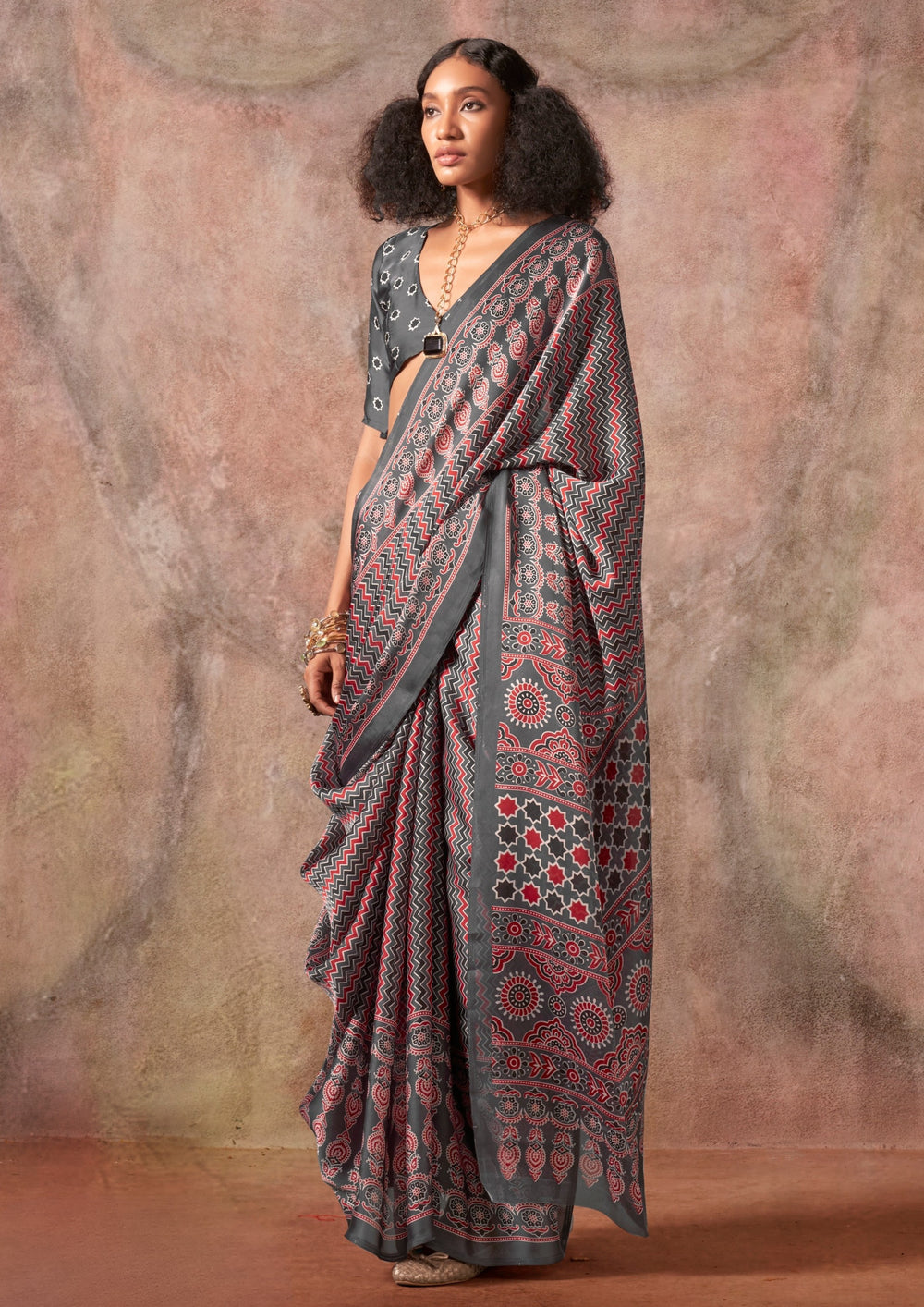 Grey Ajrakh Printed Satin Georgette Silk Saree 