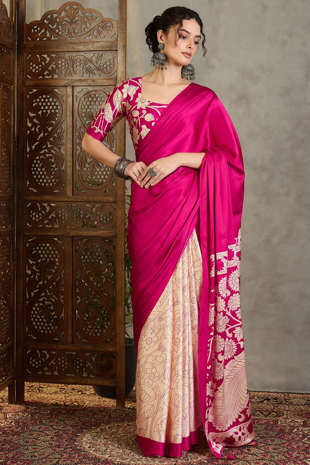Pink Kalamkari Printed Satin Silk Saree 