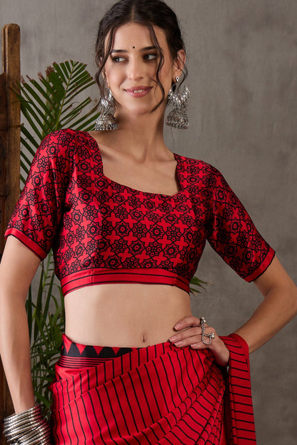 Rose Red Printed Satin Gaji Silk Saree 