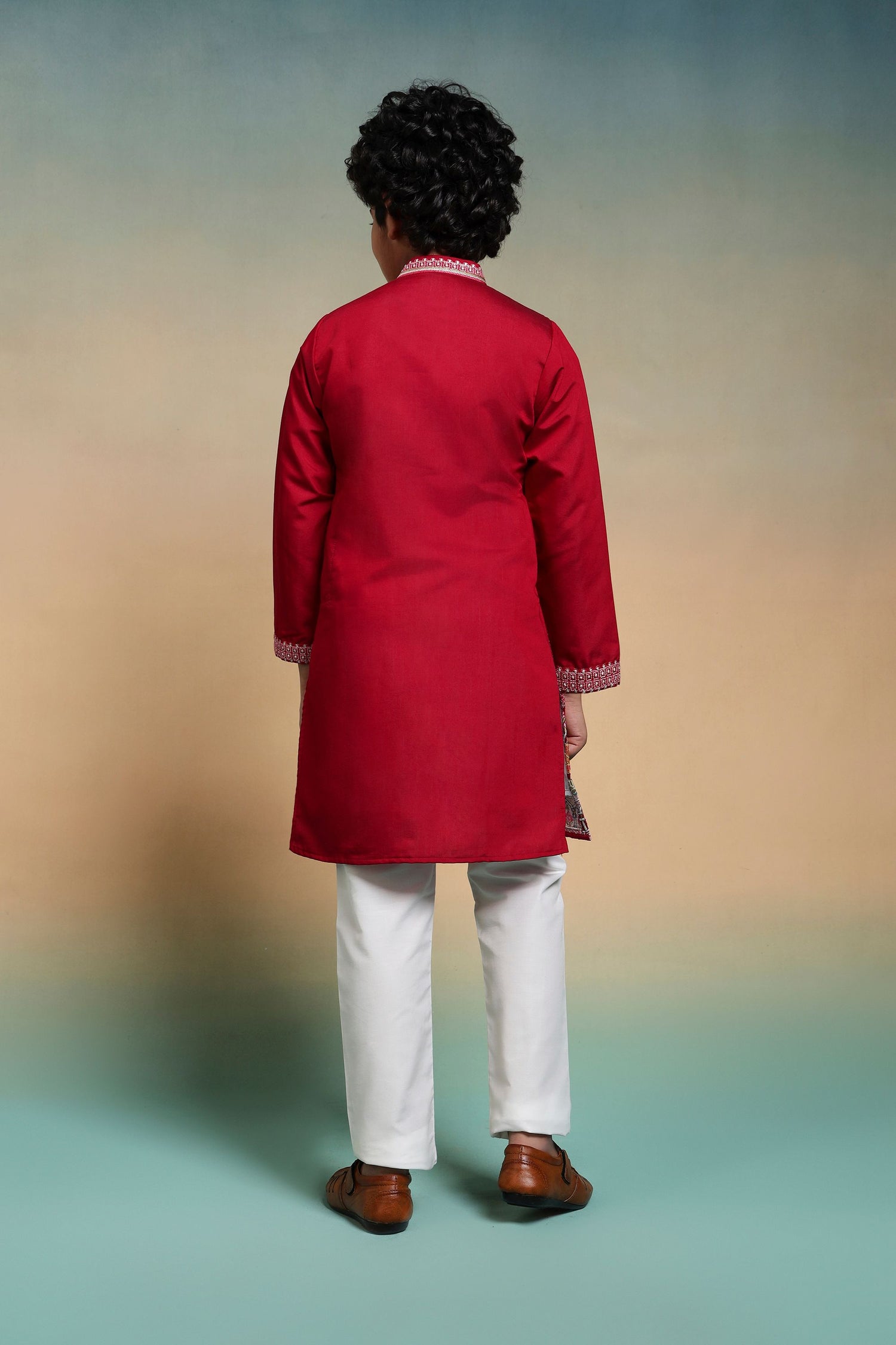 Red Pure Viscose Silk Kids Boy Kurta Pajama 