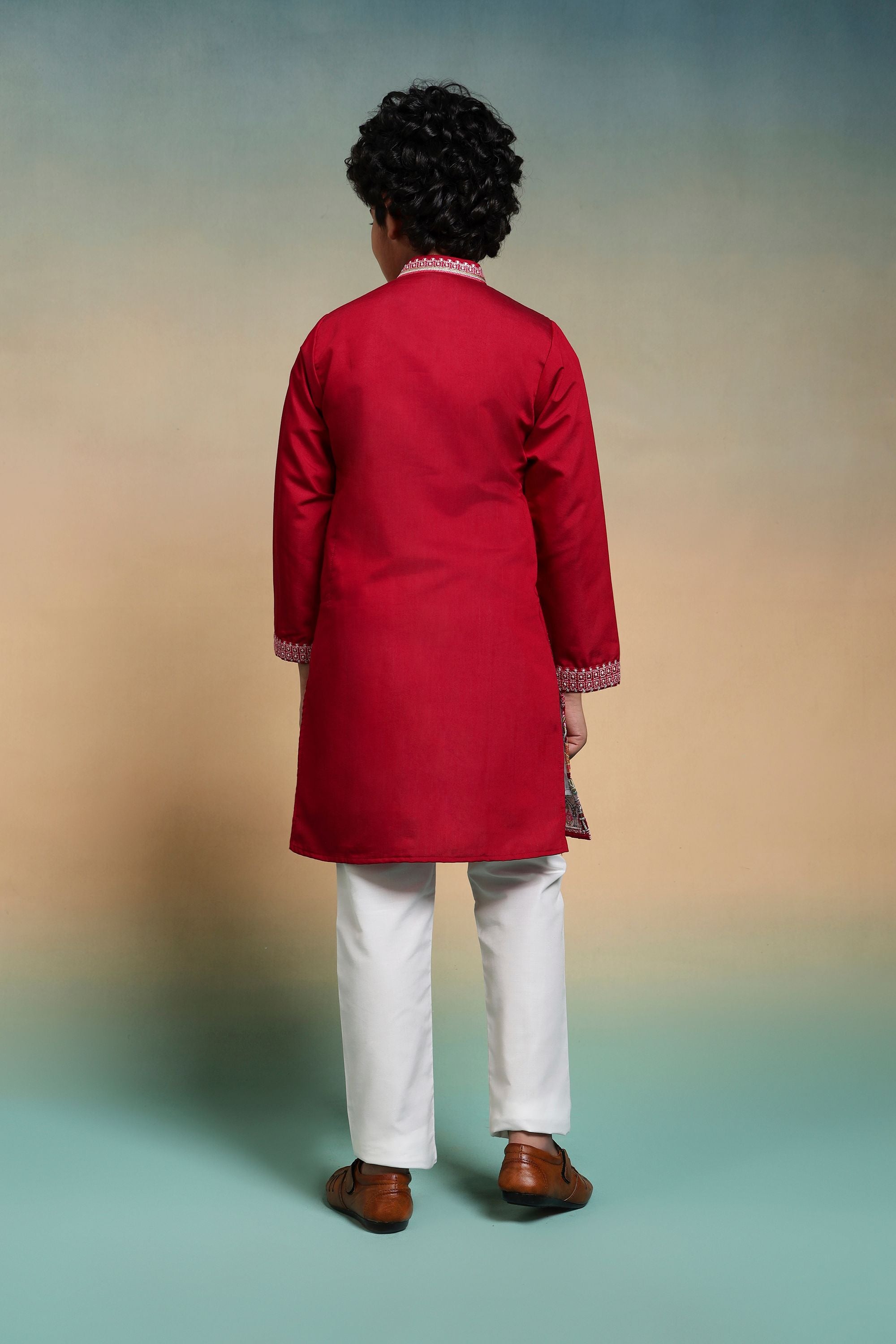 Red Pure Viscose Silk Kids Boy Kurta Pajama 