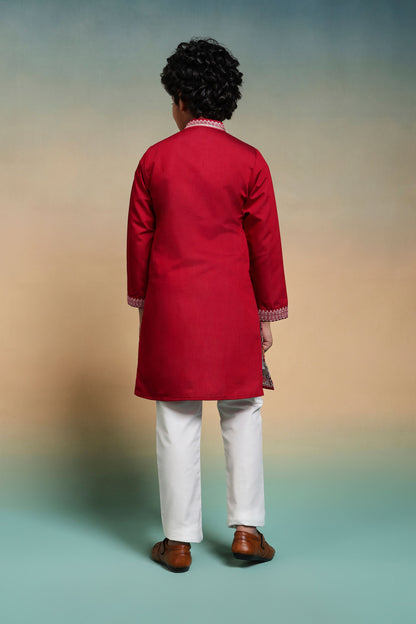 Red Pure Viscose Silk Kids Boy Kurta Pajama 