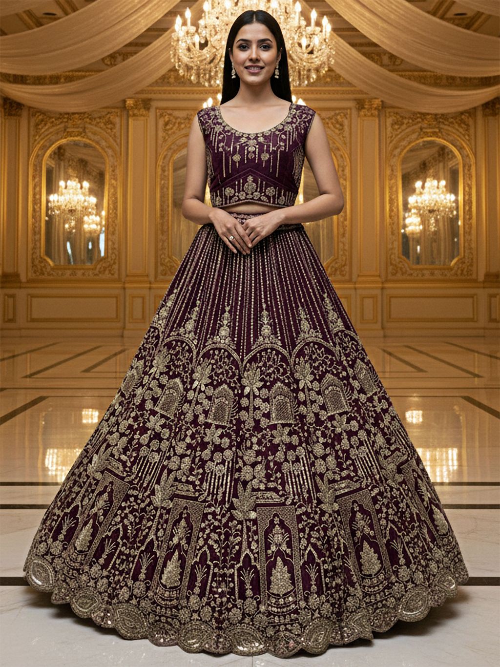 Merlot Pure Soft Net Heavy Embroidery Work Bridal Lehenga