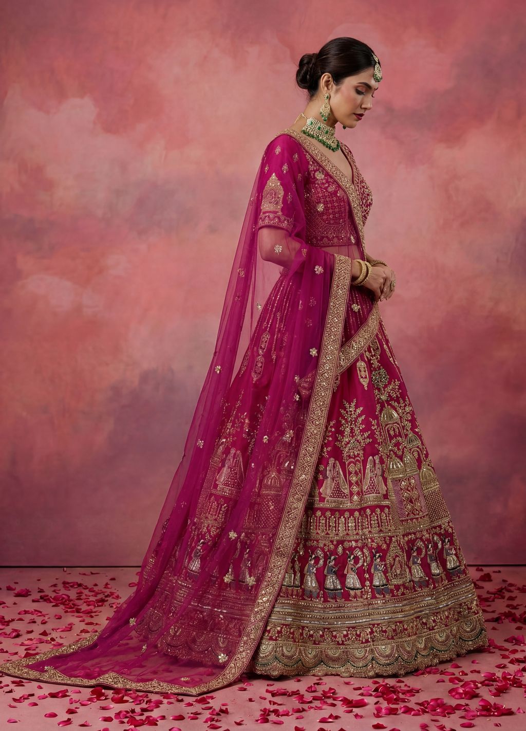 Pink Pure Soft Gadwal Silk Heavy Embroidery Work Bridal Lehenga 