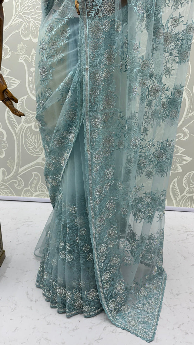 Sky Pure Premium Net Handwork Kasti &amp; Motif Zari Metallic Sequins Work Wedding Saree