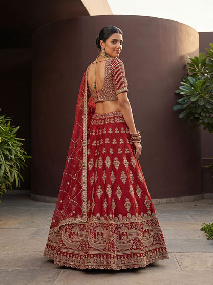 Orange Pure Soft Heavy Silk Sequins Embroidery Work Bridal Lehenga 