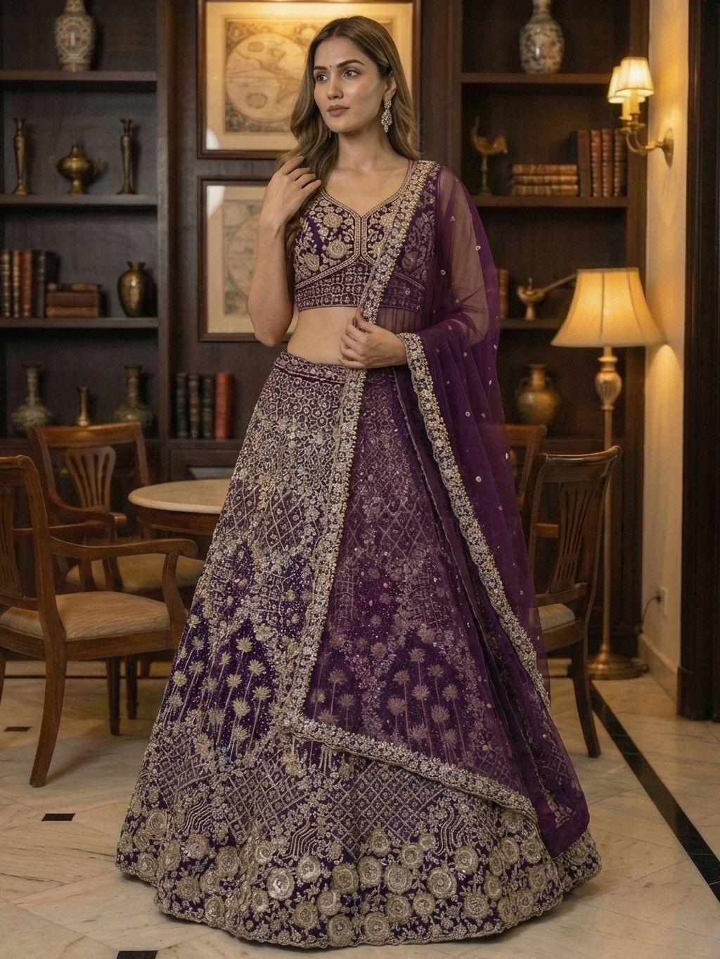 Indigo Pure Soft Net Heavy Embroidery Work Bridal Lehenga