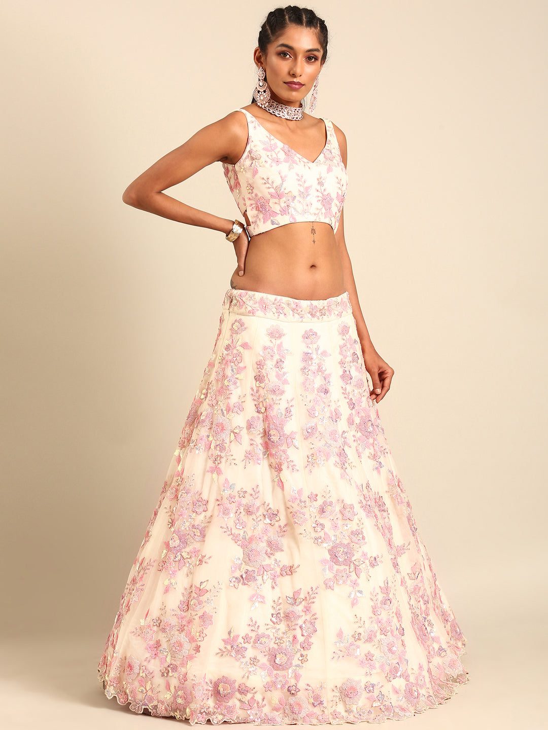 Cream Net Floral Sequins with Heavy Zarkan Embroidery Lehenga Choli & Dupatta