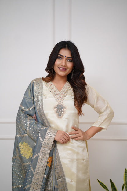 Ivory Viscose Chanderi Kurti Set with Jacquard Dupatta