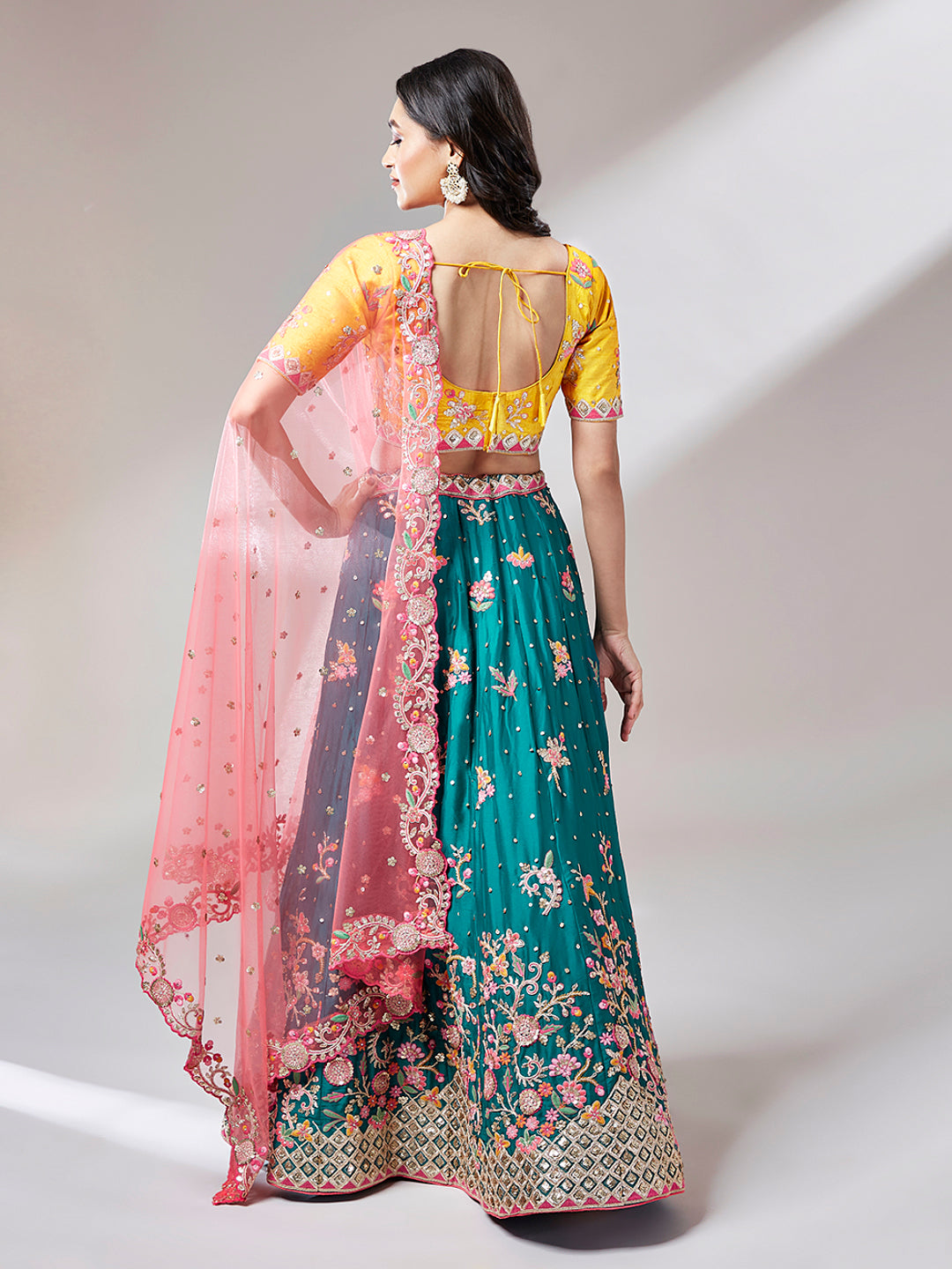 Teal Georgette Sequins Work Floral Lehenga &amp; Blouse with Pink Dupatta