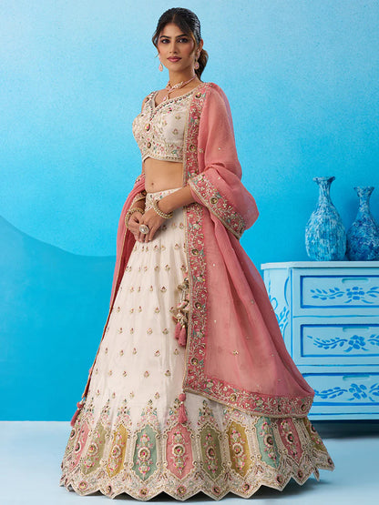Cream Pink Tissue Silk Sequins Embroidered Lehenga Choli with Dupatta