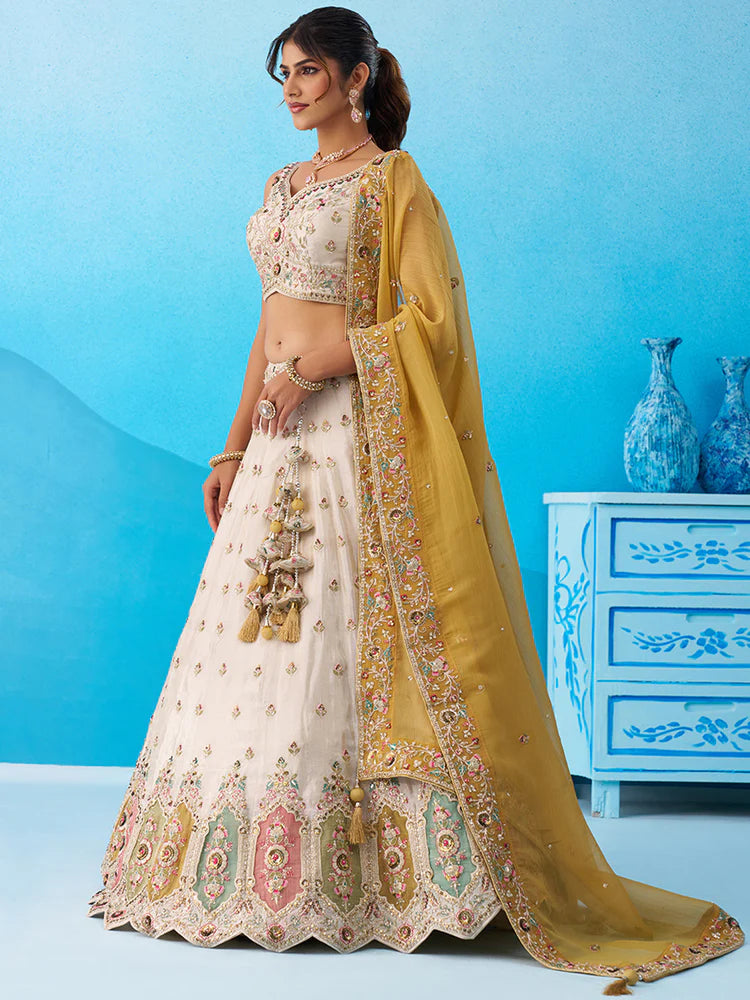 Cream Yellow Tissue Silk Sequins Embroidered Lehenga Choli with Dupatta 