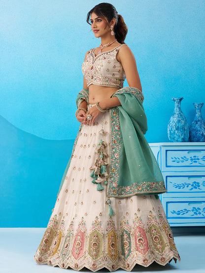 Cream Green Tissue Silk Sequins Embroidered Lehenga Choli with Dupatta