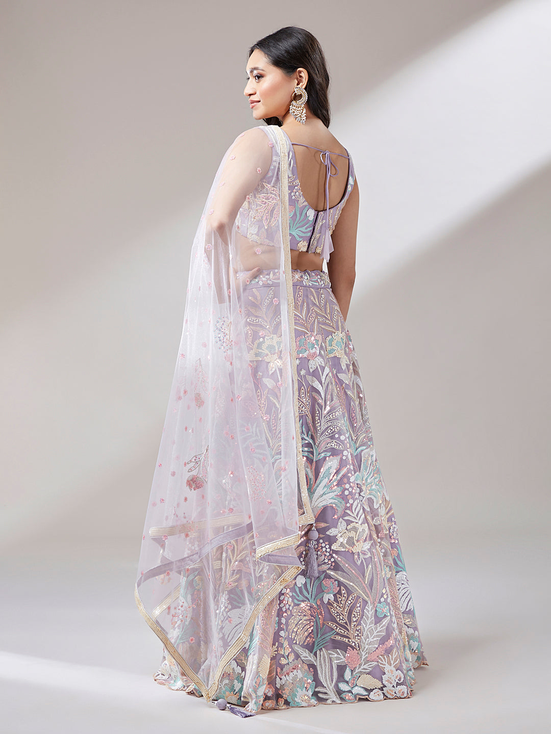 Mauve Floral Net Sequin Work Lehenga & Unstitched Blouse with Dupatta