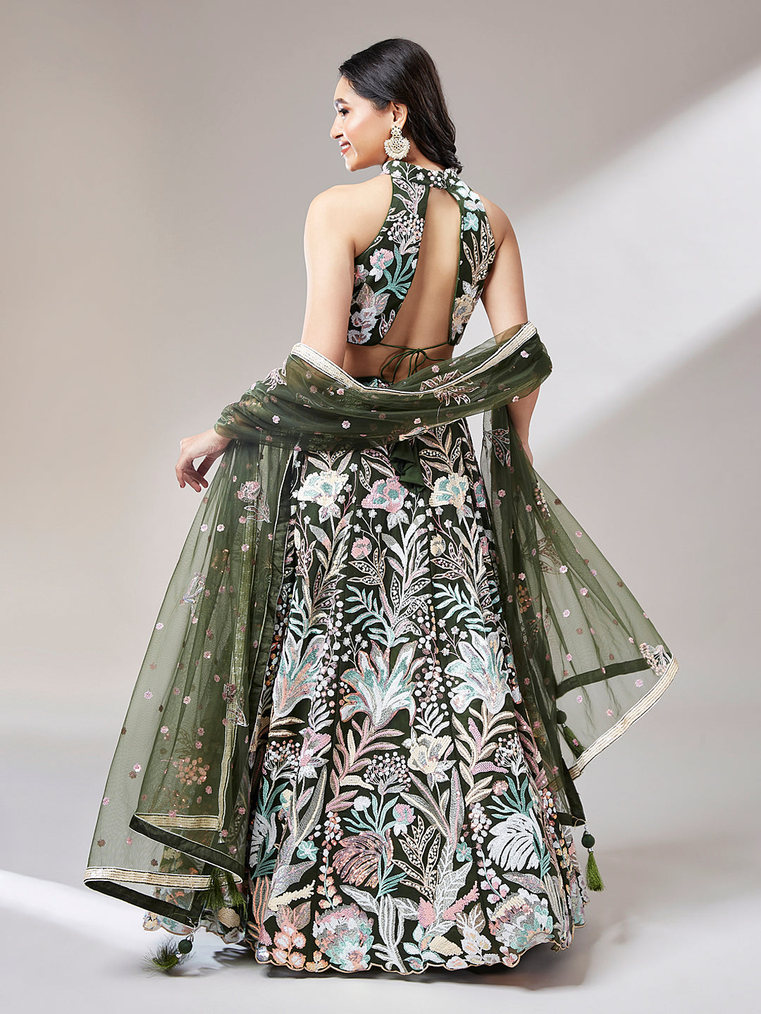 Olive Floral Net Sequin Work Lehenga &amp; Unstitched Blouse with Dupatta