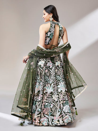 Olive Floral Net Sequin Work Lehenga &amp; Unstitched Blouse with Dupatta