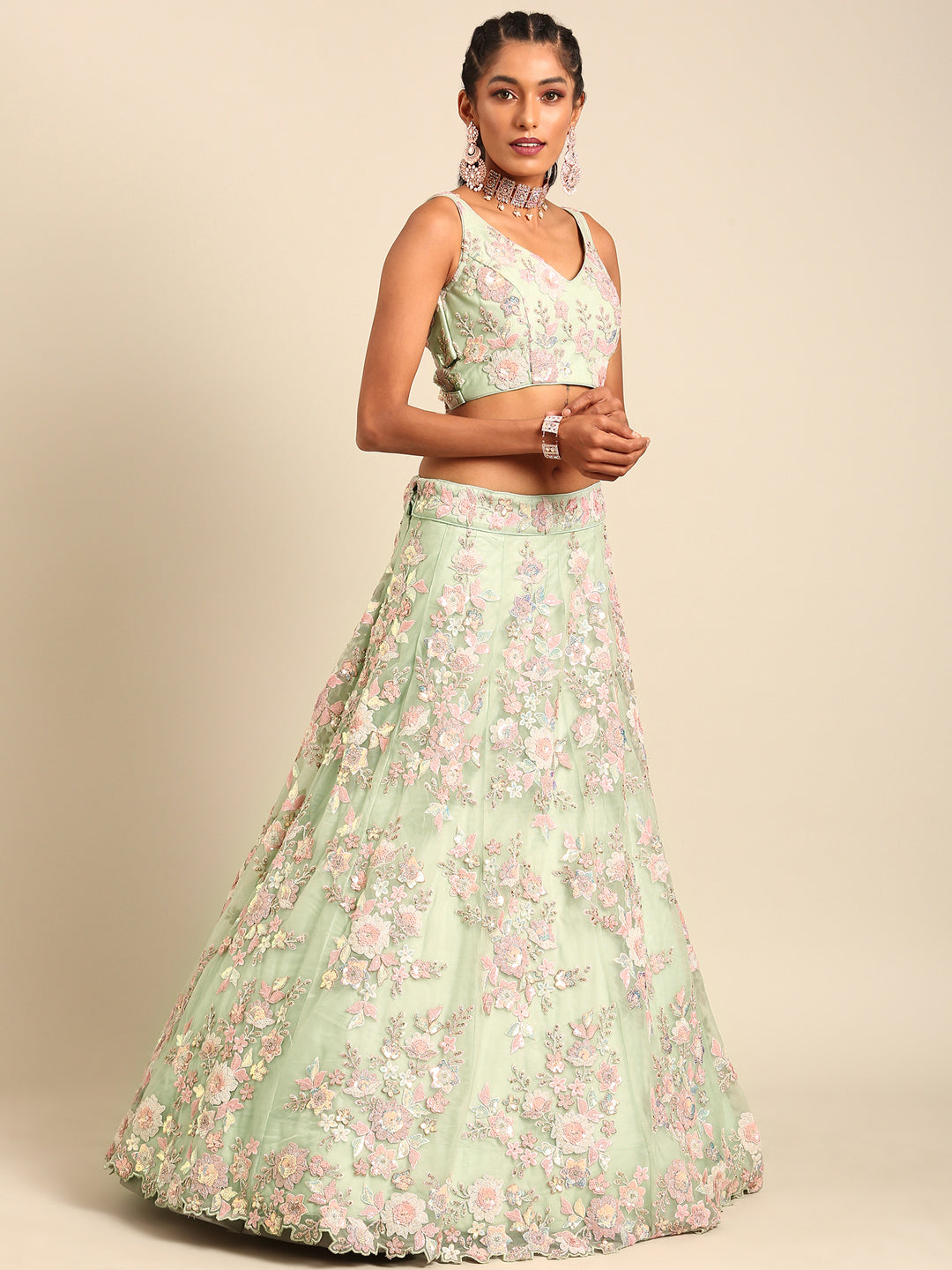 Lime Green Net Floral Sequins with Heavy Zarkan Embroidery Lehenga Choli &amp; Dupatta
