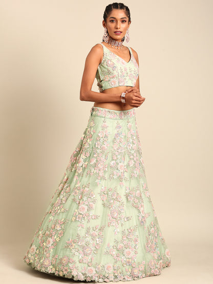 Lime Green Net Floral Sequins with Heavy Zarkan Embroidery Lehenga Choli &amp; Dupatta
