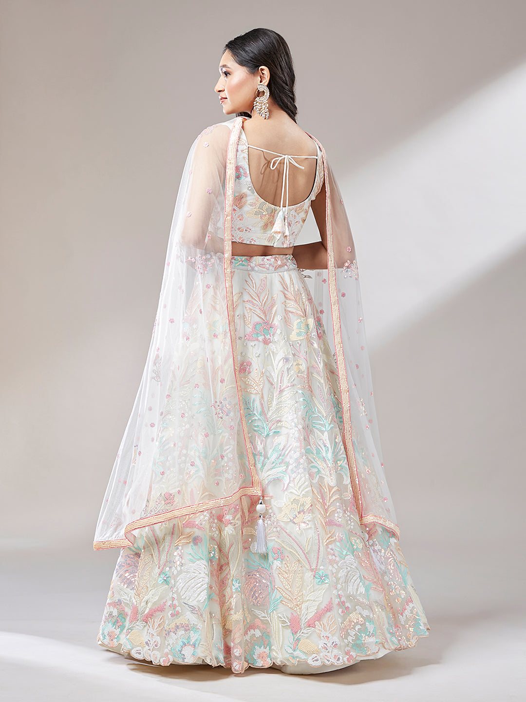 Cream Floral Net Sequin Work Lehenga &amp; Unstitched Blouse with Dupatta
