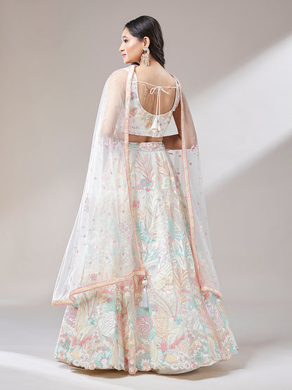 Cream Floral Net Sequin Work Lehenga &amp; Unstitched Blouse with Dupatta
