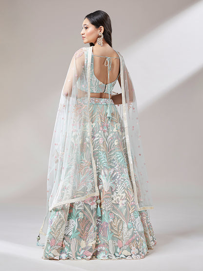 Lime Green Floral Net Sequin Work Lehenga &amp; Unstitched Blouse with Dupatta
