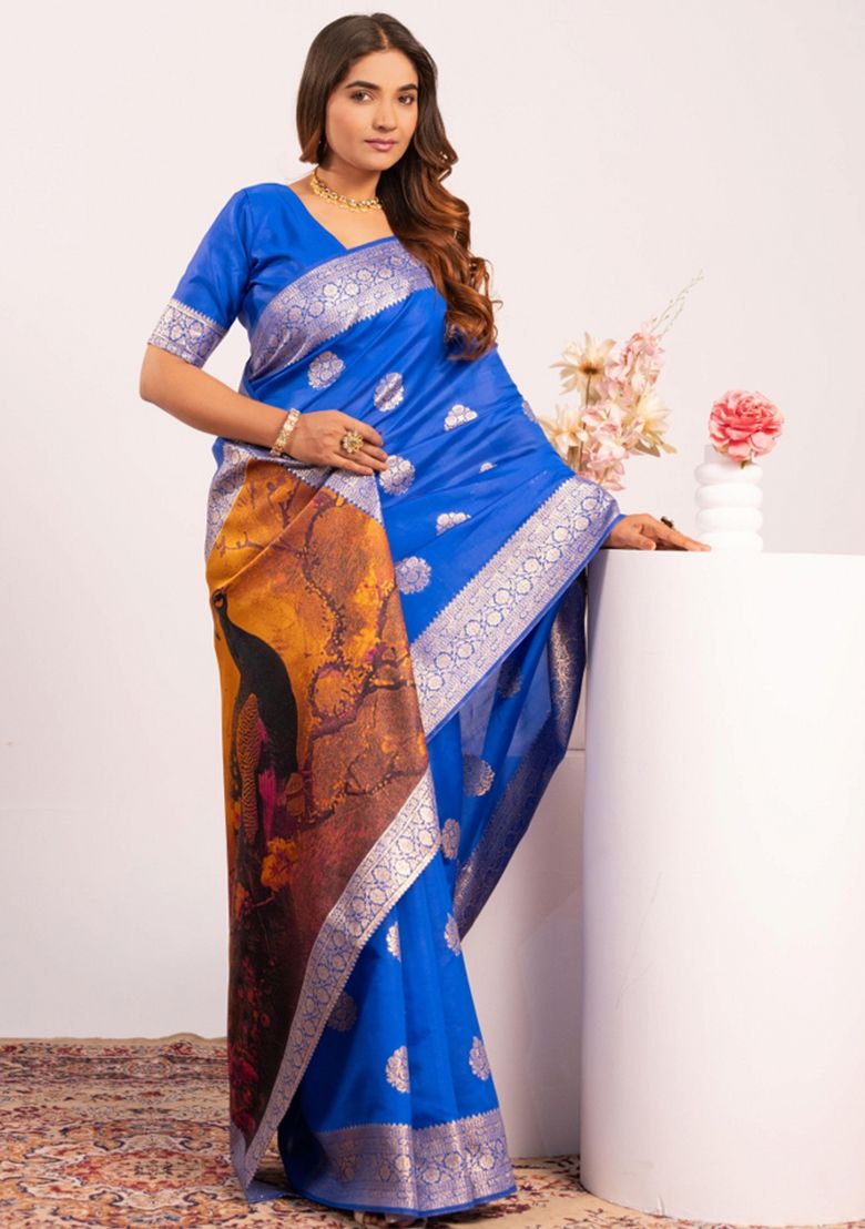 Blue Pure Soft Banarasi Silk Zari Woven Saree ##color## Banarasi Saree with premium fabric and embroidery