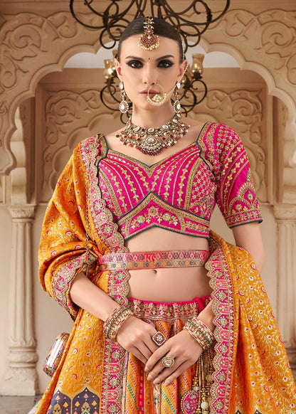 Orange Pink Banarasi Silk Lehenga Choli with Zarkan Work
