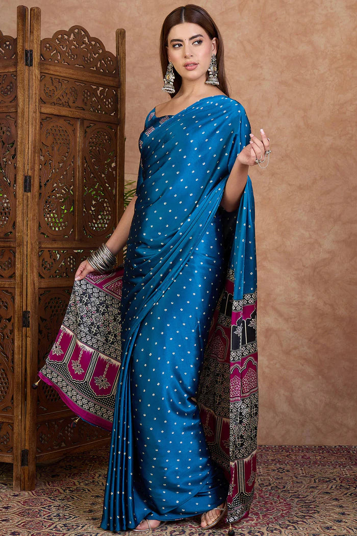 Royal Blue Satin Ajrakh Printed Party Wear Saree with Polka Dot Design ##color## Ajrakh Saree with premium fabric and embroidery