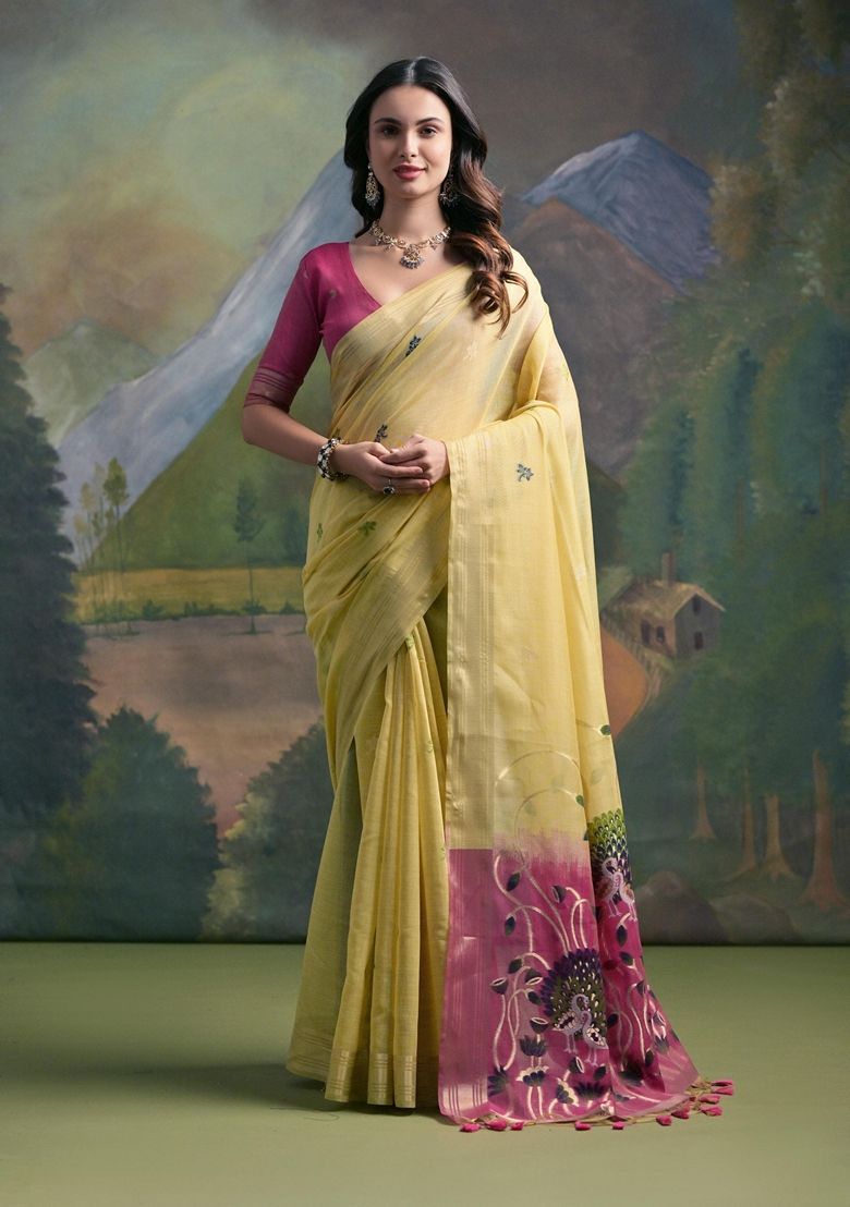 Lemon Yellow Pure Soft Munga Handloom Weaving Cotton Saree