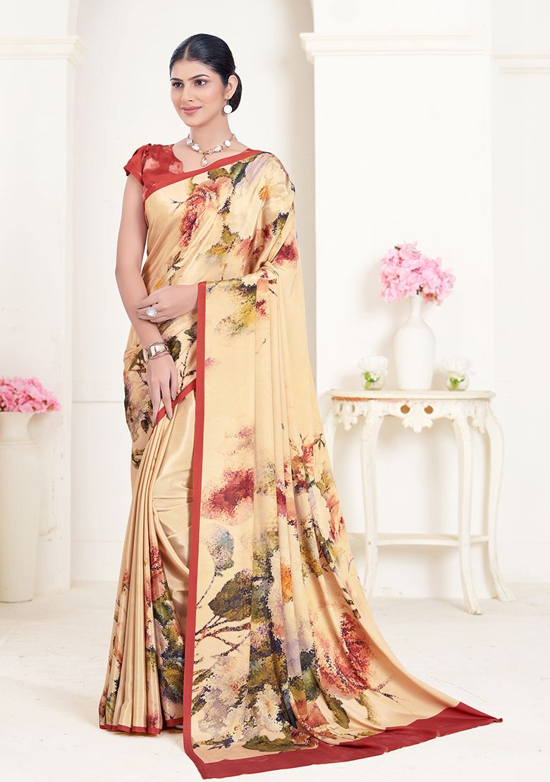 Cream Pure Soft Crape With Flower Digital Prints Satin Saree