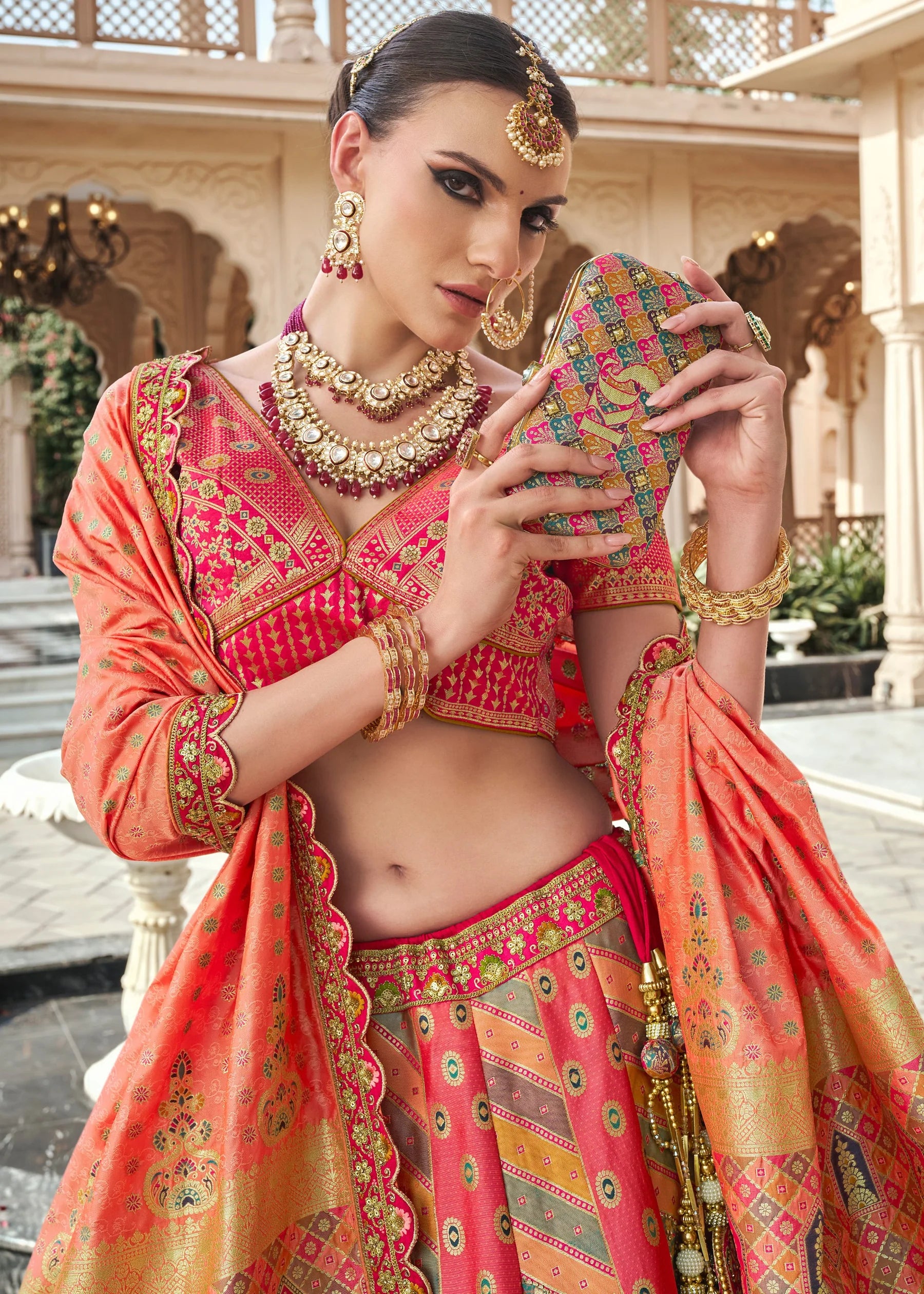 Peach Pink Banarasi Silk Lehenga Choli with Zarkan Work
