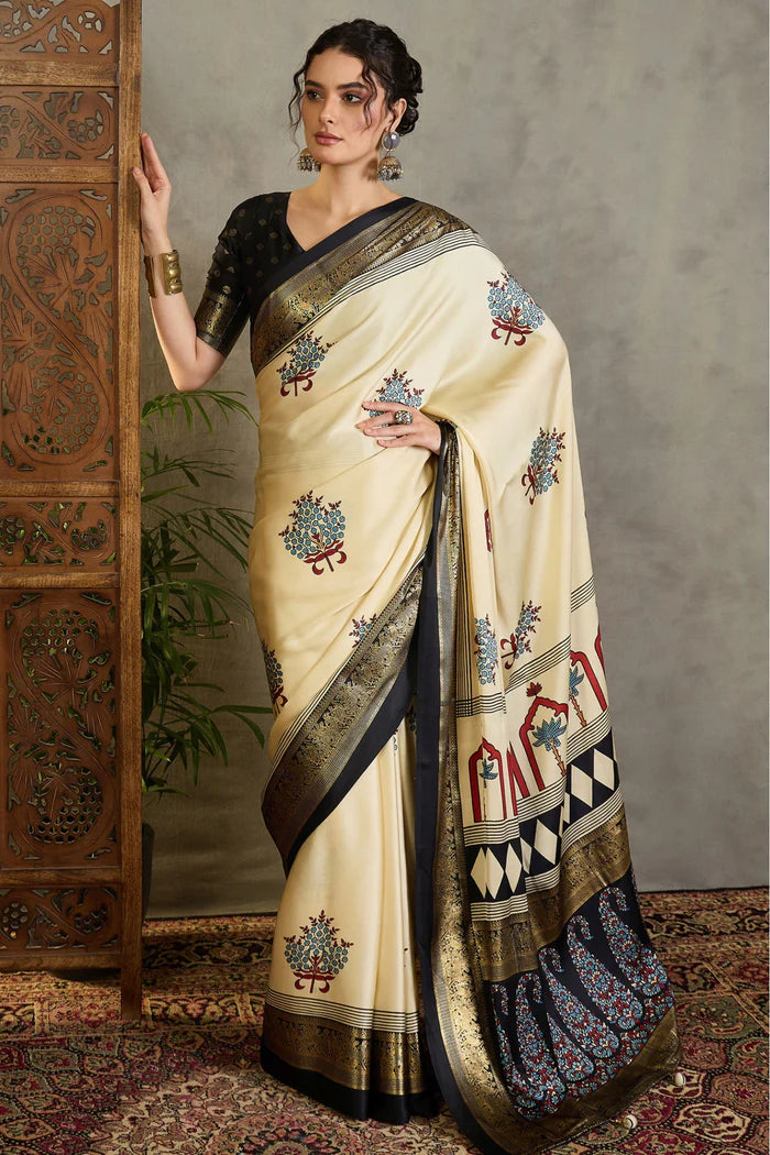 Cream & Black Semi Modal Printed Saree with Gold Zari Border ##color##  with premium fabric and embroidery