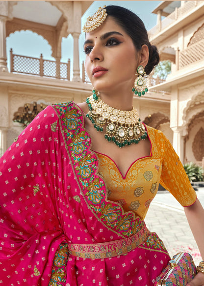 Rani Pink &amp; Yellow Banarasi Silk Lehenga Choli with Zarkan Work