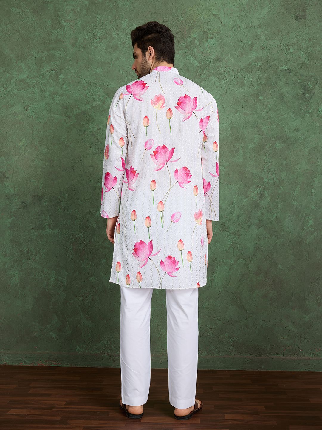 White &amp; Pink Pure Heavy Reyon Silk with Embroidery Work Printed Kurta Pajama