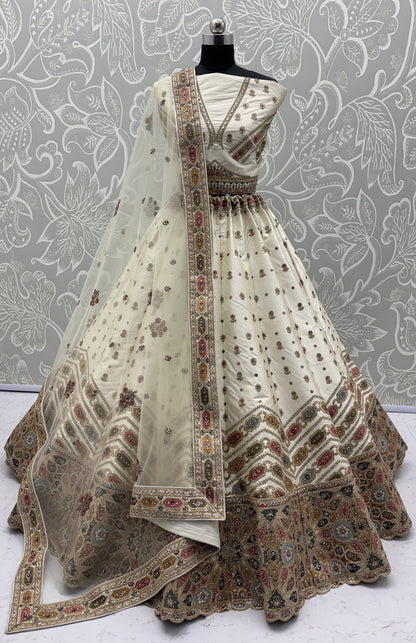 White Pure Slubb Silk Premium Dori Embroidery Sequins &amp; Diamond Work Bridal Lehenga Choli