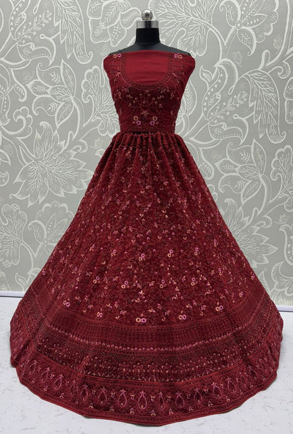 Red Pure Soft Heavy Net Sequins Embroidery Work Bridal Lehenga
