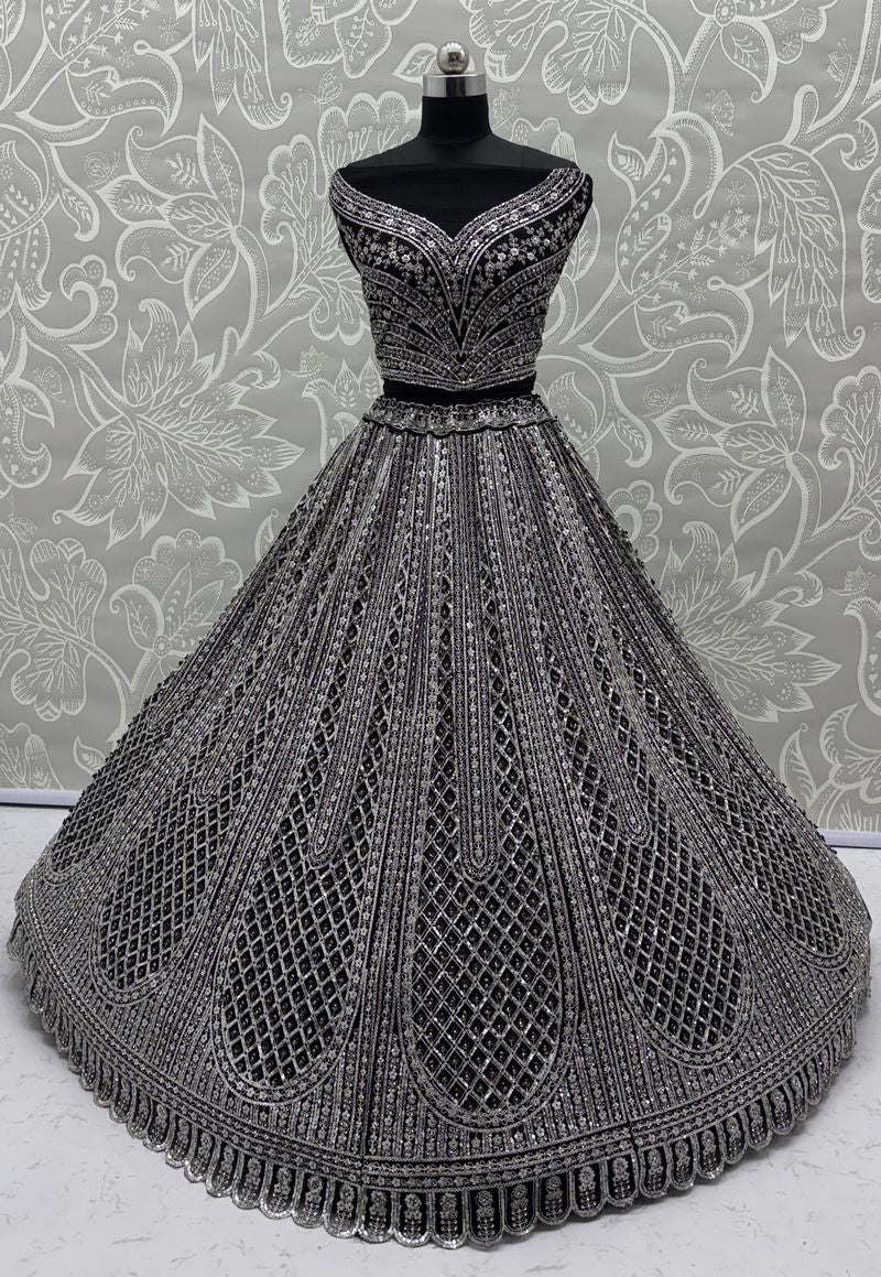 Black Pure Soft Net Heavy Embroidery Work Bridal Lehenga