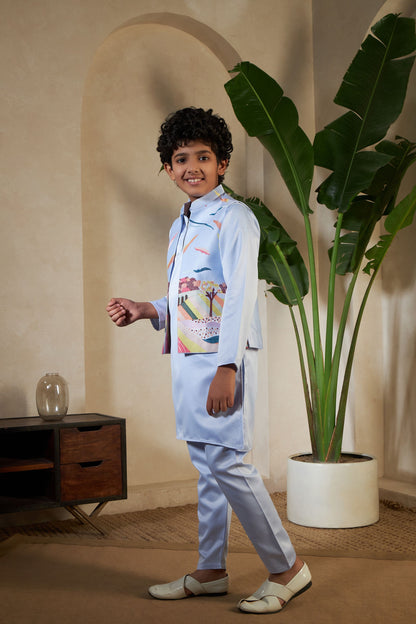 Sky Pure Satin Silk Kids Boy Kurta Pajama With Koti Jacket 