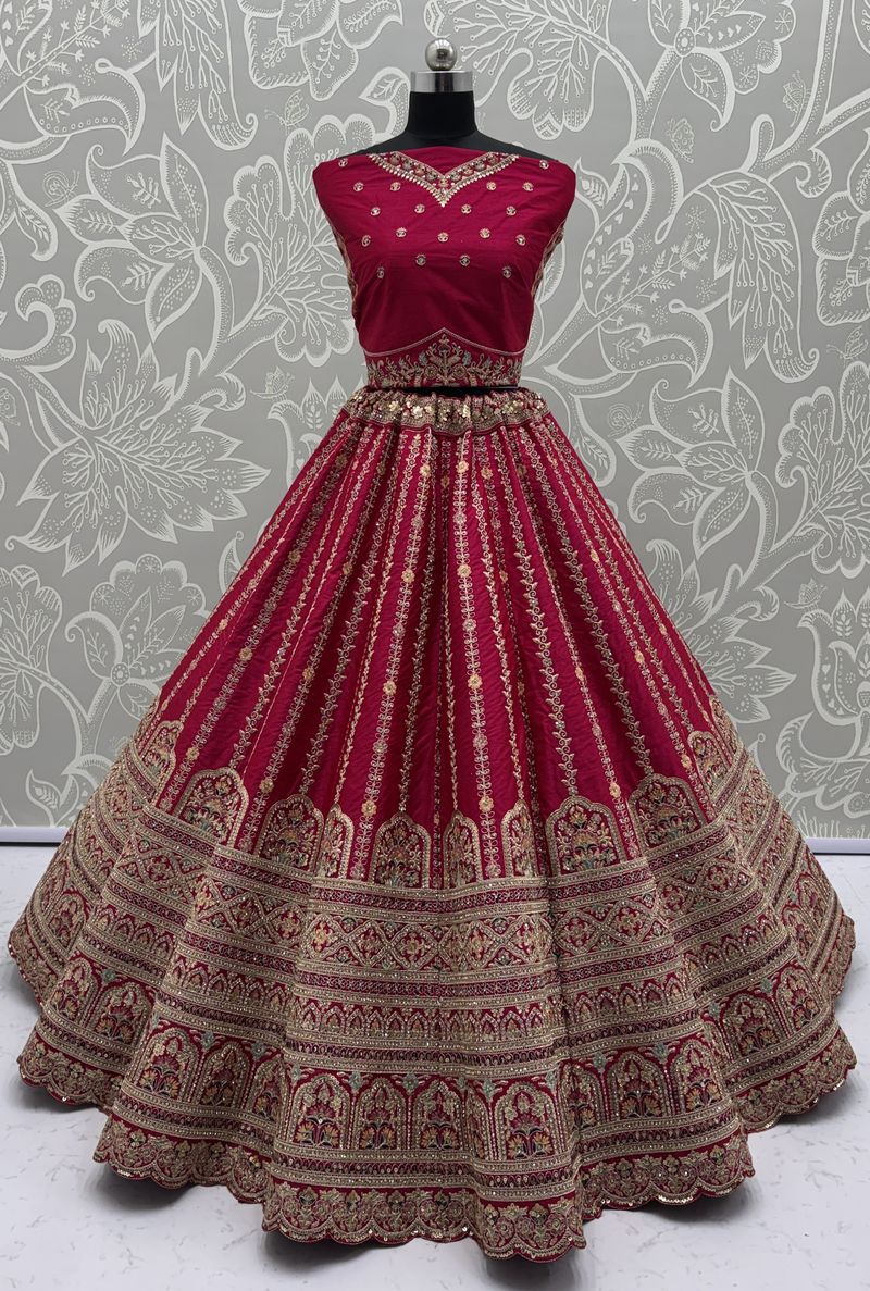 Raspberry Pure Soft Gadhwal Silk Heavy Embroidery Work Bridal Lehenga