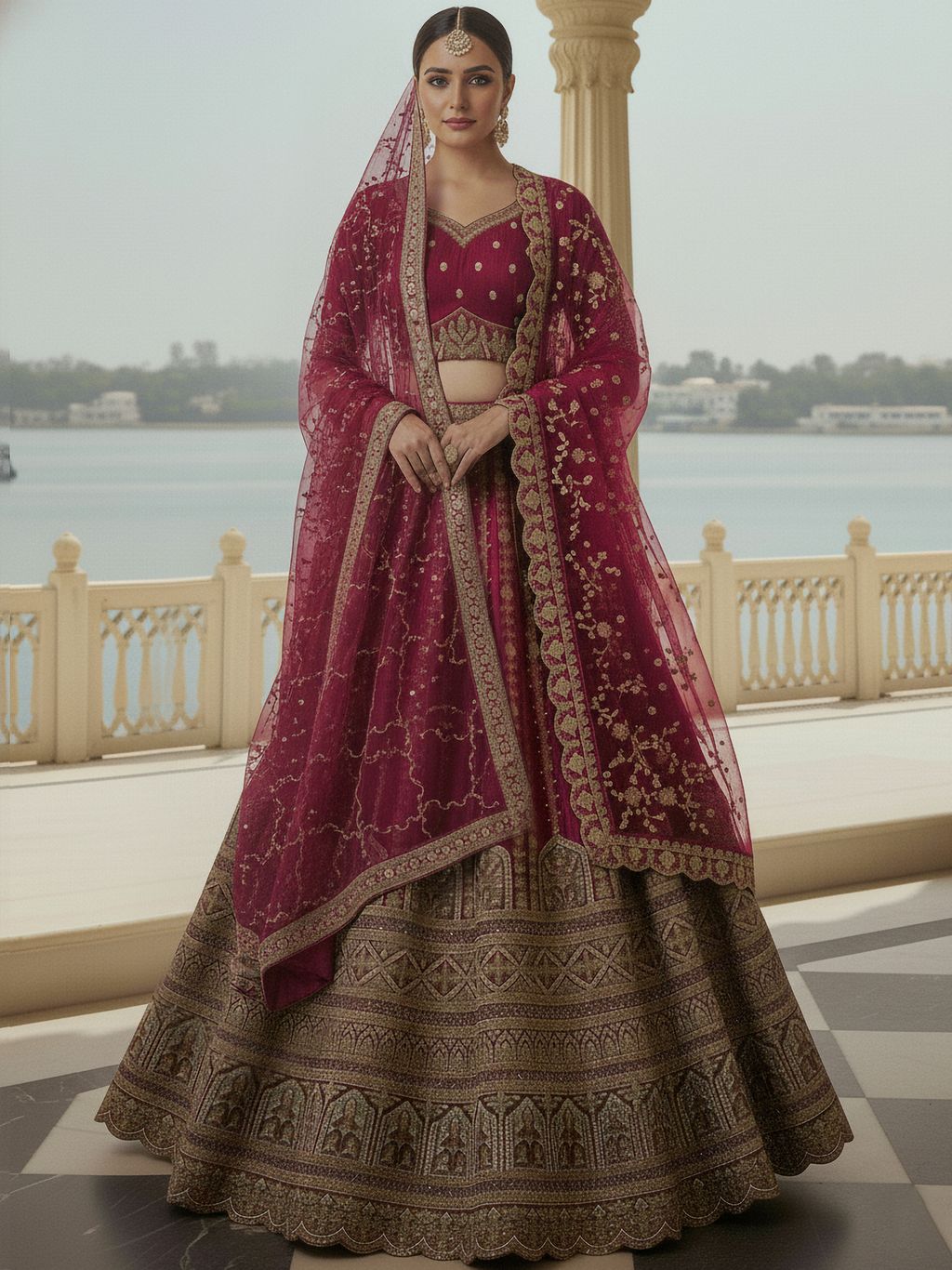 Raspberry Pure Soft Gadhwal Silk Heavy Embroidery Work Bridal Lehenga