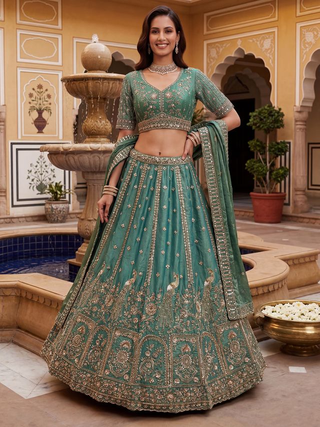 Dark Mint Pure Soft Heavy Fendi Orgenza Sequins Embroidery Work Bridal Lehenga 