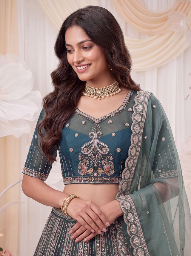 Teal Blue Pure Chandnia Silk Handwork Motif Peacock Pattern Crystal Beads Multi Thread Dori and Sequins Work Bridal Lehenga Choli