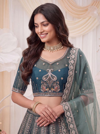 Teal Blue Pure Chandnia Silk Handwork Motif Peacock Pattern Crystal Beads Multi Thread Dori and Sequins Work Bridal Lehenga Choli
