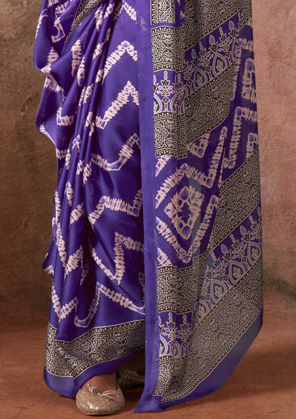 Purple Ajrakh Printed Satin Georgette Silk Saree 