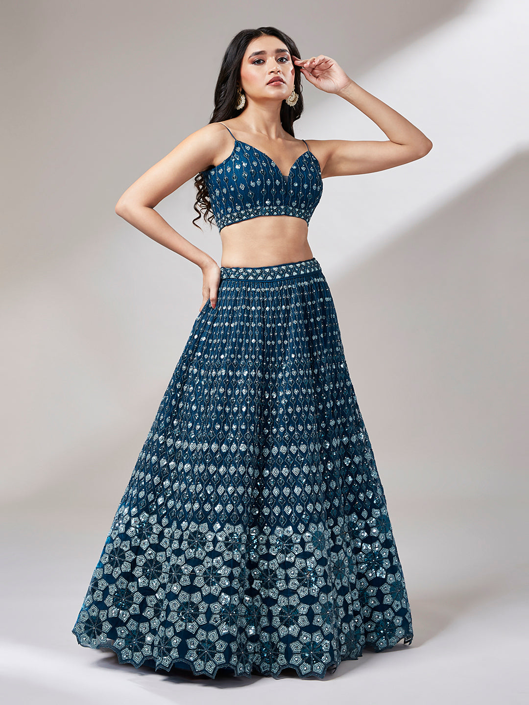 Navy Blue Net heavy Sequins Embroidery Lehenga Choli &amp; Dupatta