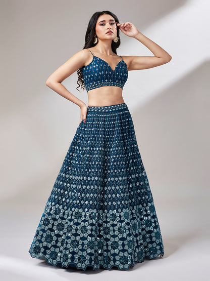Navy Blue Net heavy Sequins Embroidery Lehenga Choli &amp; Dupatta