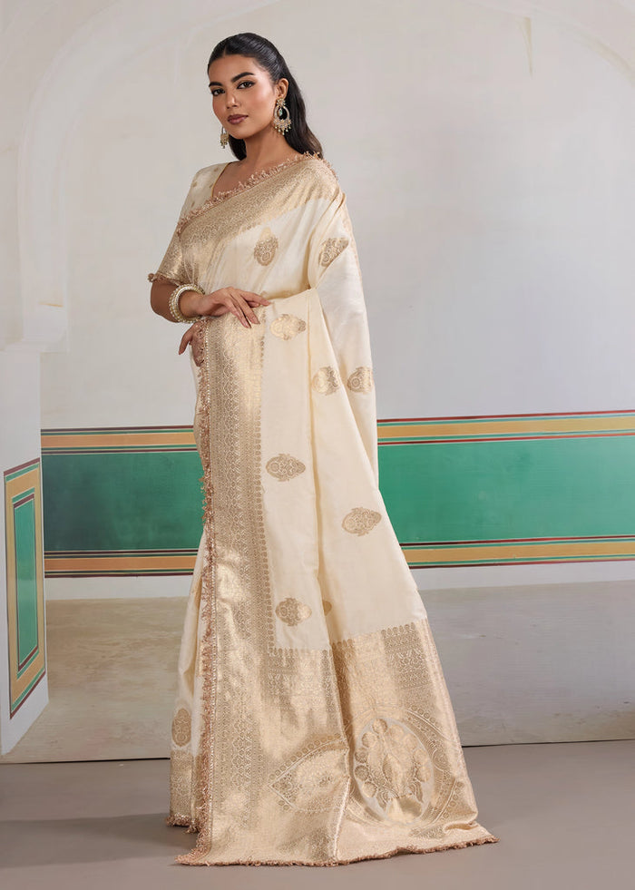 Floral White Woven Banarasi Satin Silk Saree Japan Satin Saree Anant Tex Exports Pvt.Ltd..