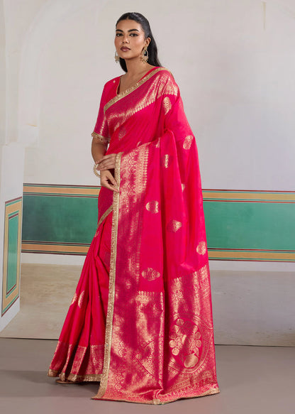 Pink Woven Banarasi Satin Silk Saree Japan Satin Saree Anant Tex Exports Pvt.Ltd..
