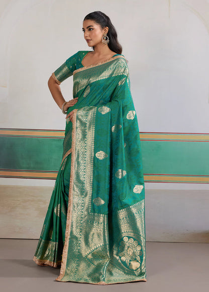 Hunter Green Woven Banarasi Satin Silk Saree Japan Satin Saree Anant Tex Exports Pvt.Ltd..
